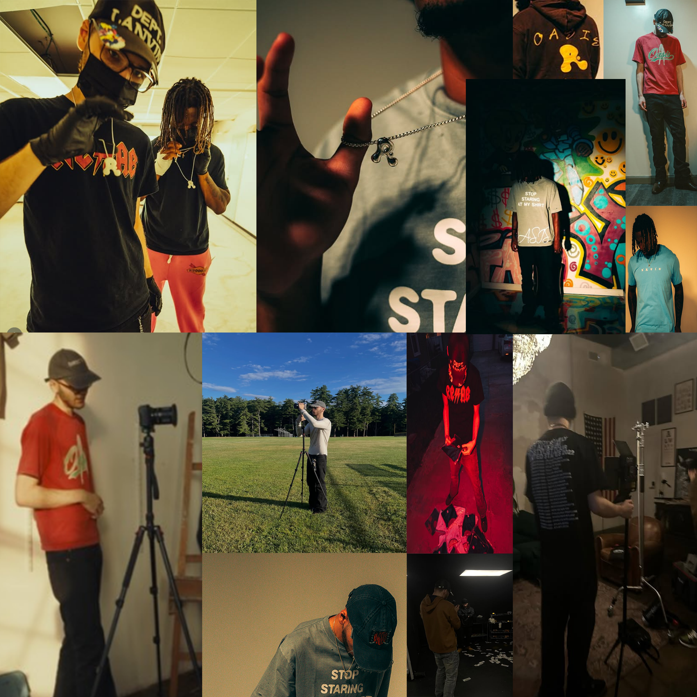 OASIS clothing, production, and visual world collage.